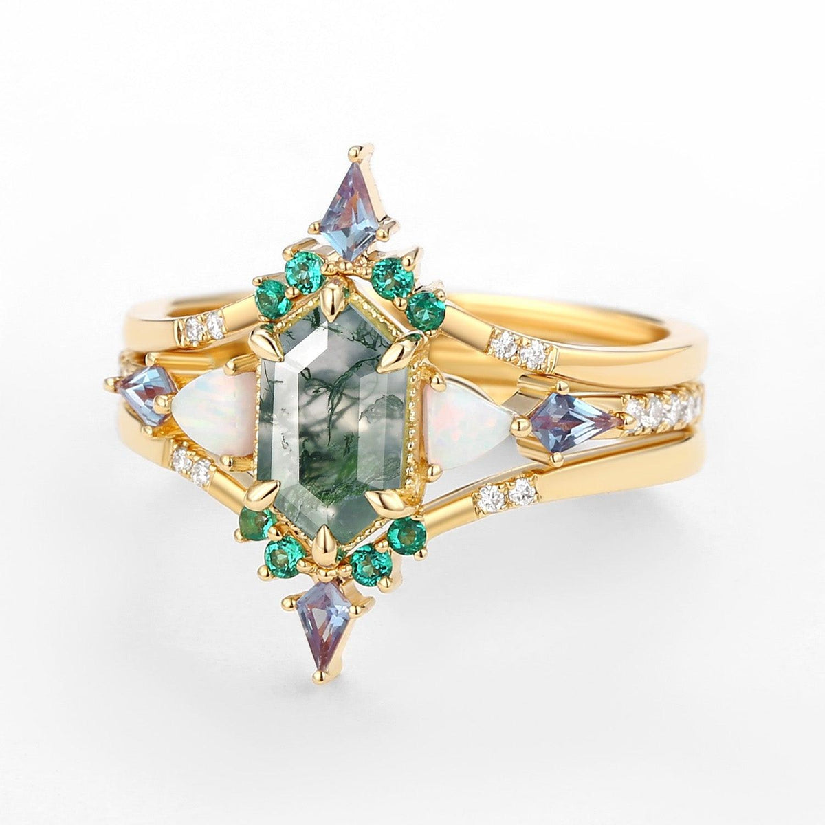 Max Hexagon Moss Agate & Opal & Emerald Engagement Ring Set 3pcs.