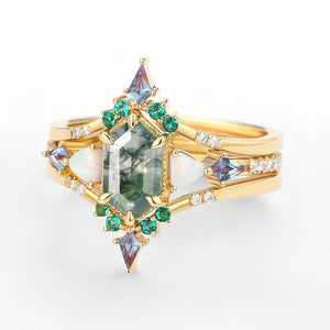 Max Hexagon Moss Agate & Opal & Emerald Engagement Ring Set 3pcs.