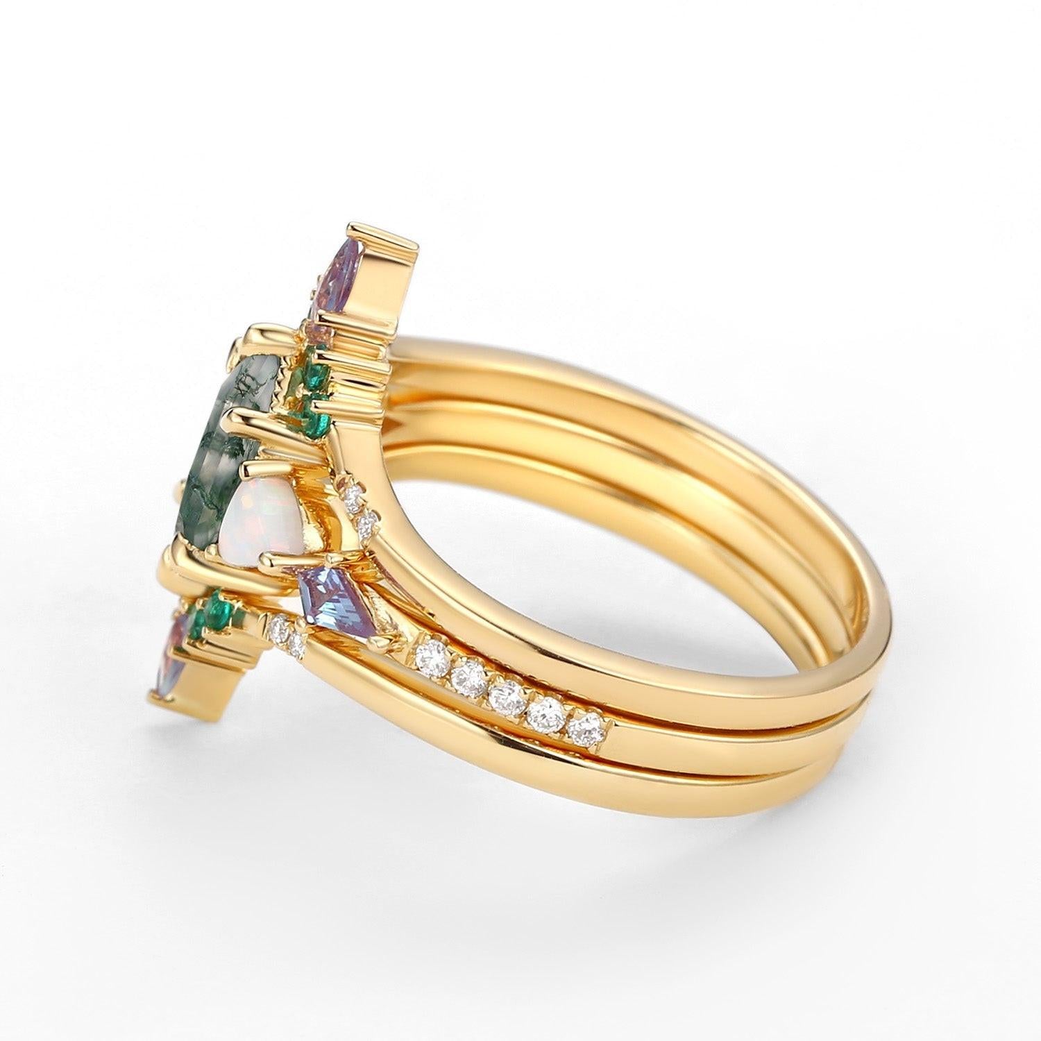 Max Hexagon Moss Agate & Opal & Emerald Engagement Ring Set 3pcs.