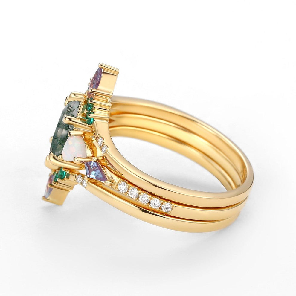 Max Hexagon Moss Agate & Opal & Emerald Engagement Ring Set 3pcs.
