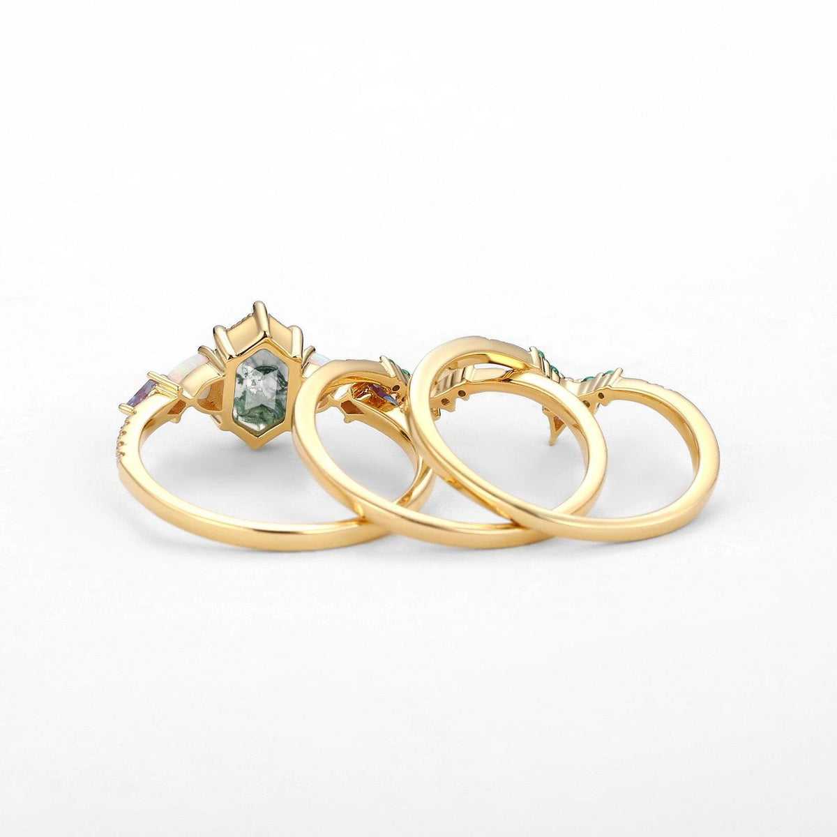 Max Hexagon Moss Agate & Opal & Emerald Engagement Ring Set 3pcs.