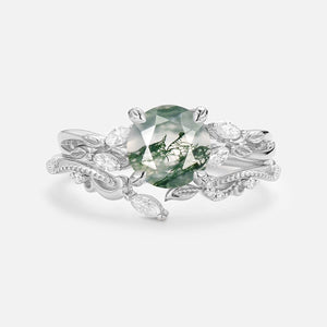 Round Cut Moss Agate Leafy Engagement Ring Set 2pcs.