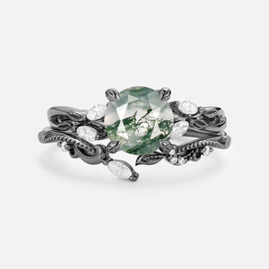 Round Cut Moss Agate Leafy Engagement Ring Set 2pcs.