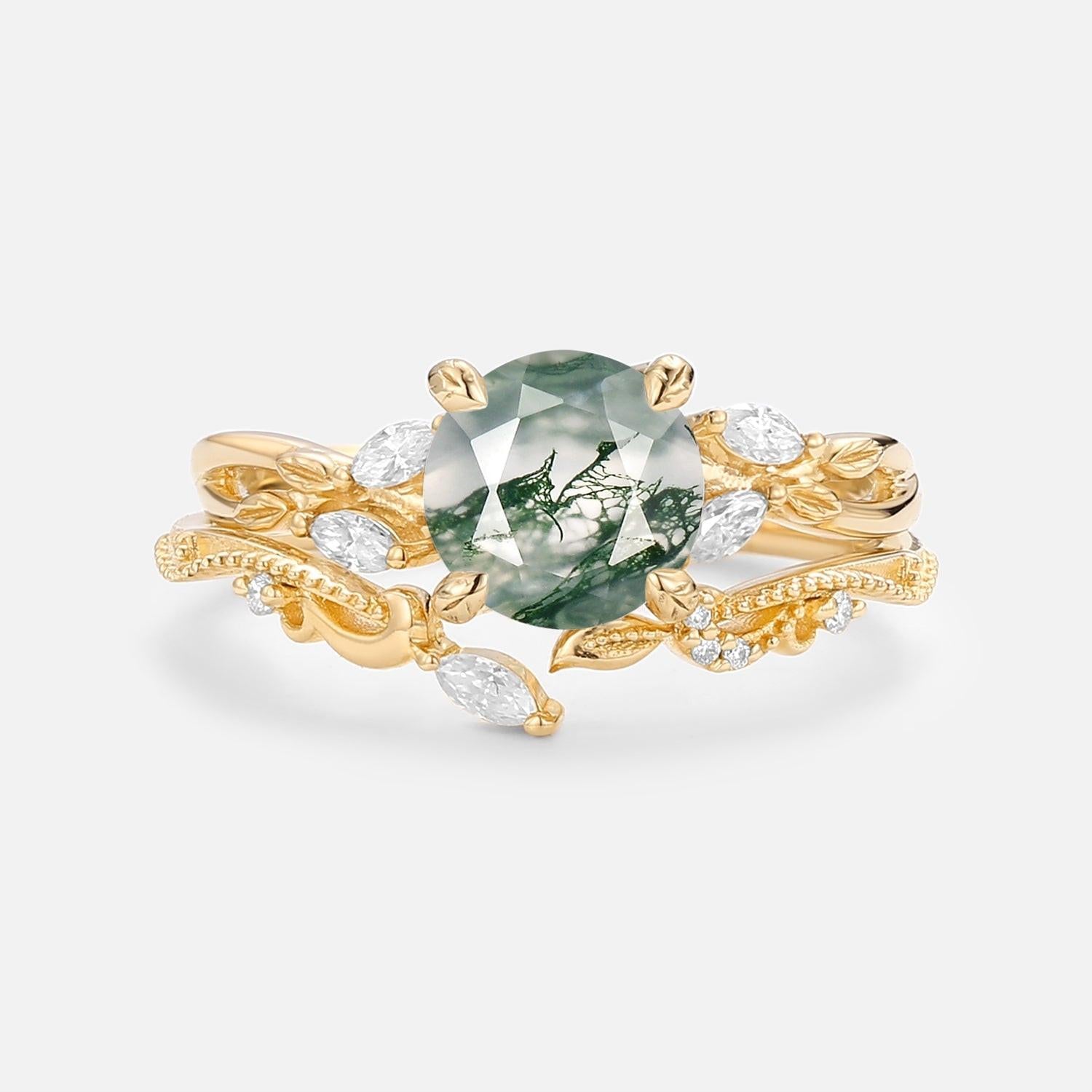 Round Cut Moss Agate Leafy Engagement Ring Set 2pcs.