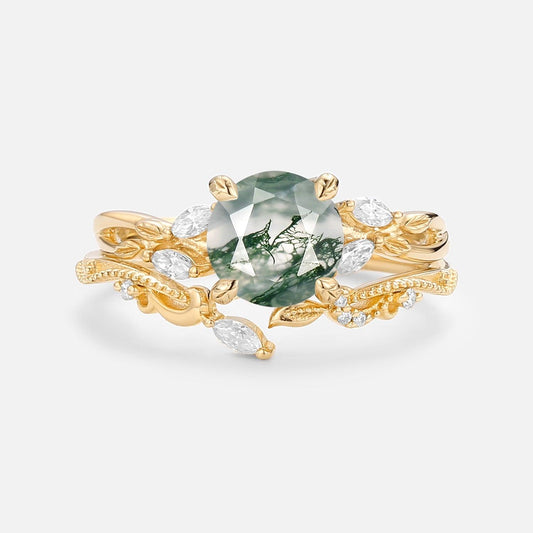 Round Cut Moss Agate Leafy Engagement Ring Set 2pcs.