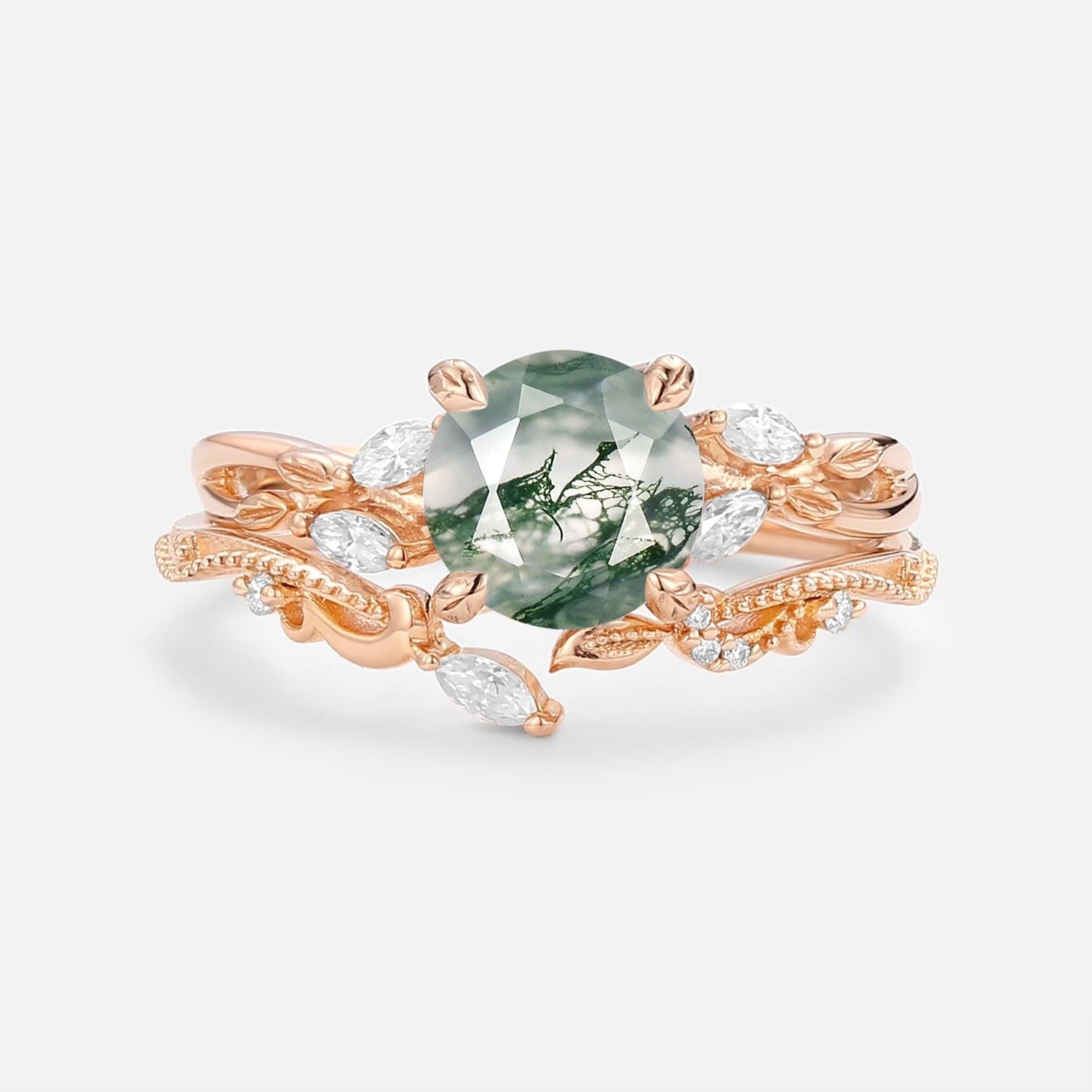 Round Cut Moss Agate Leafy Engagement Ring Set 2pcs.