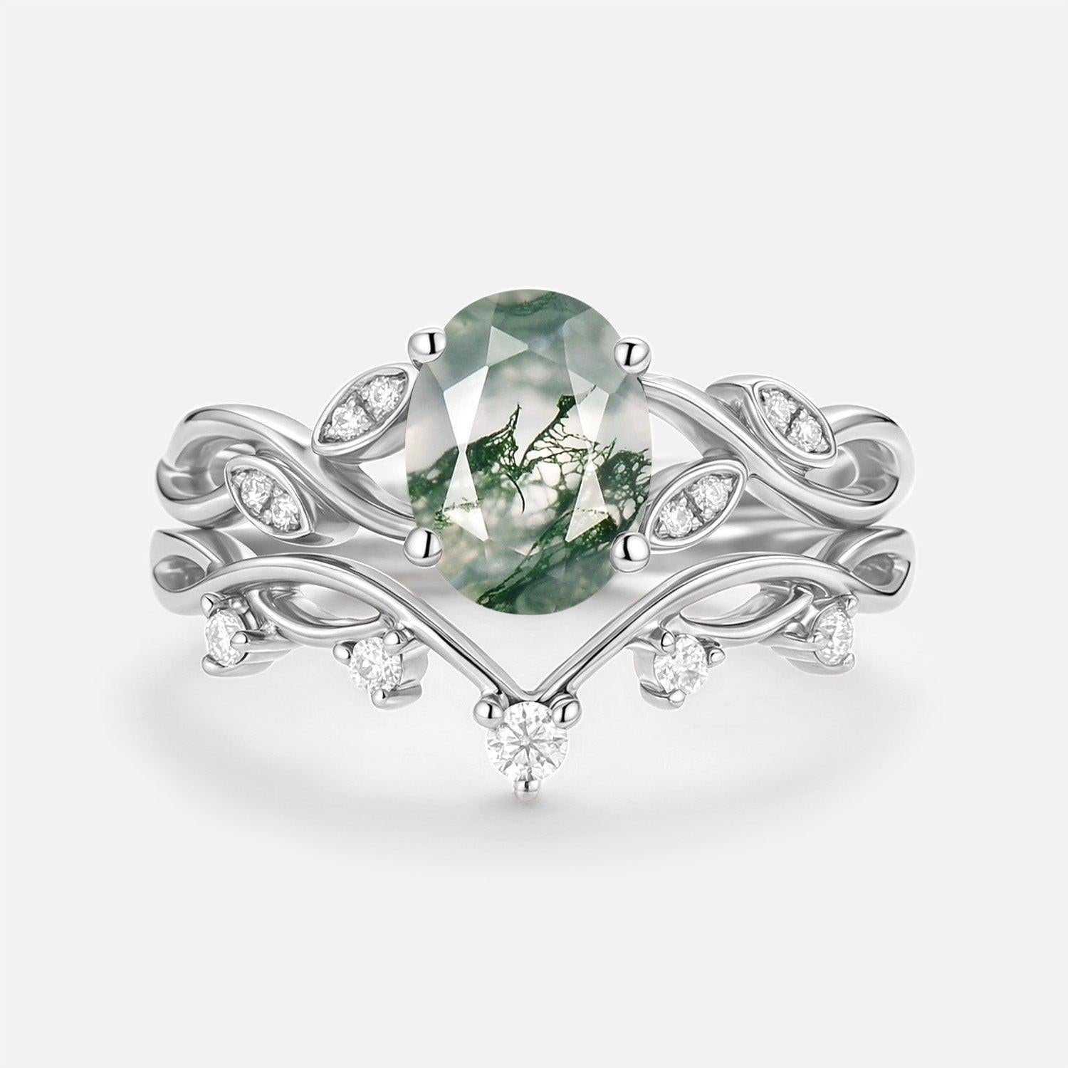 Eiryn Moss Agate Oval Cut Leaf Ring Set 2pcs.