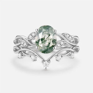 Eiryn Moss Agate Oval Cut Leaf Ring Set 2pcs.