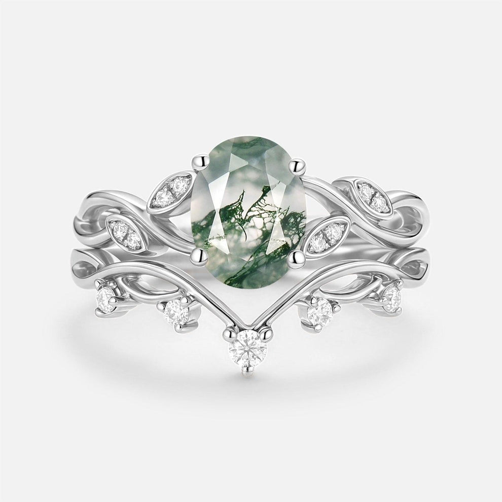 Eiryn Moss Agate Oval Cut Leaf Ring Set 2pcs.