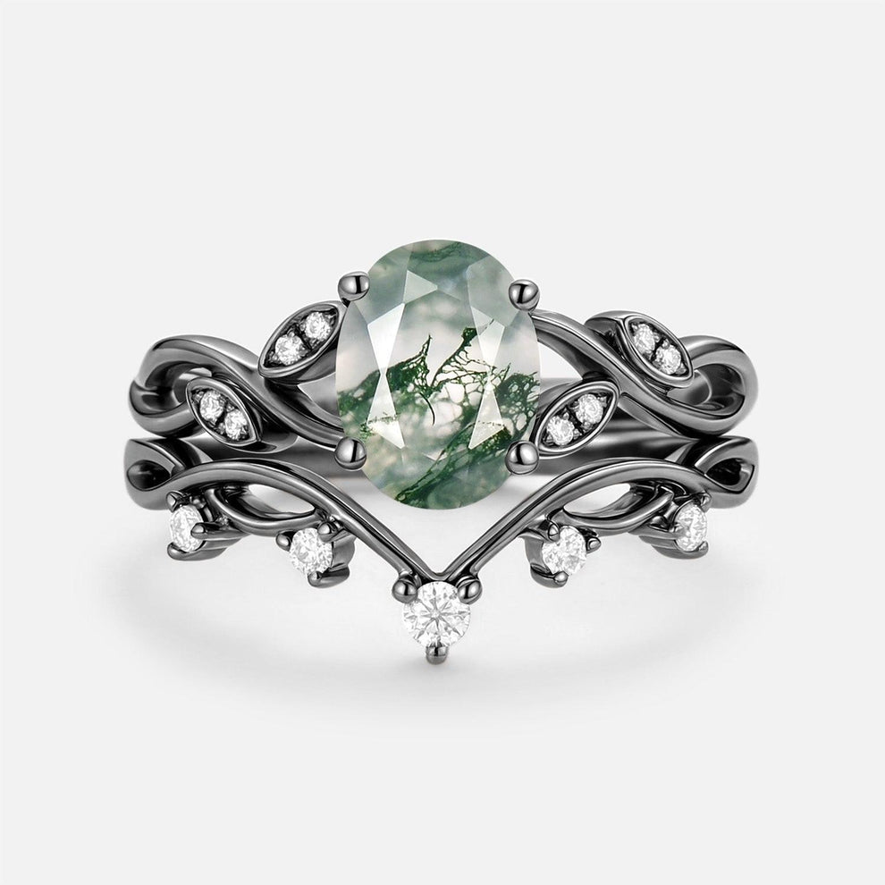 Eiryn Moss Agate Oval Cut Leaf Ring Set 2pcs.