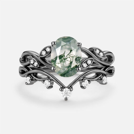 Eiryn Moss Agate Oval Cut Leaf Ring Set 2pcs.