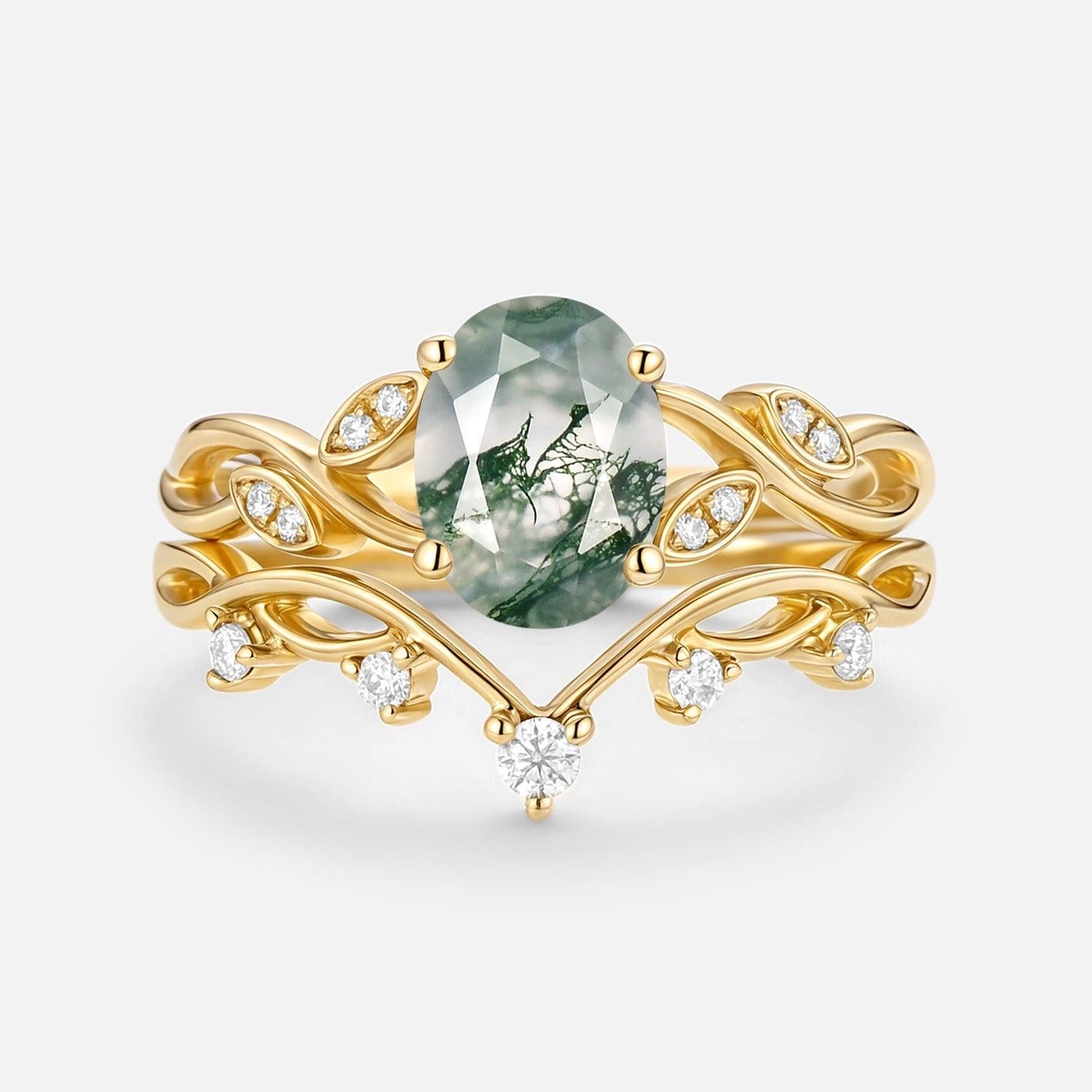 Eiryn Moss Agate Oval Cut Leaf Ring Set 2pcs.