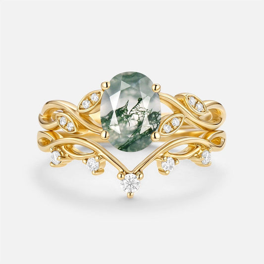 Eiryn Moss Agate Oval Cut Leaf Ring Set 2pcs.