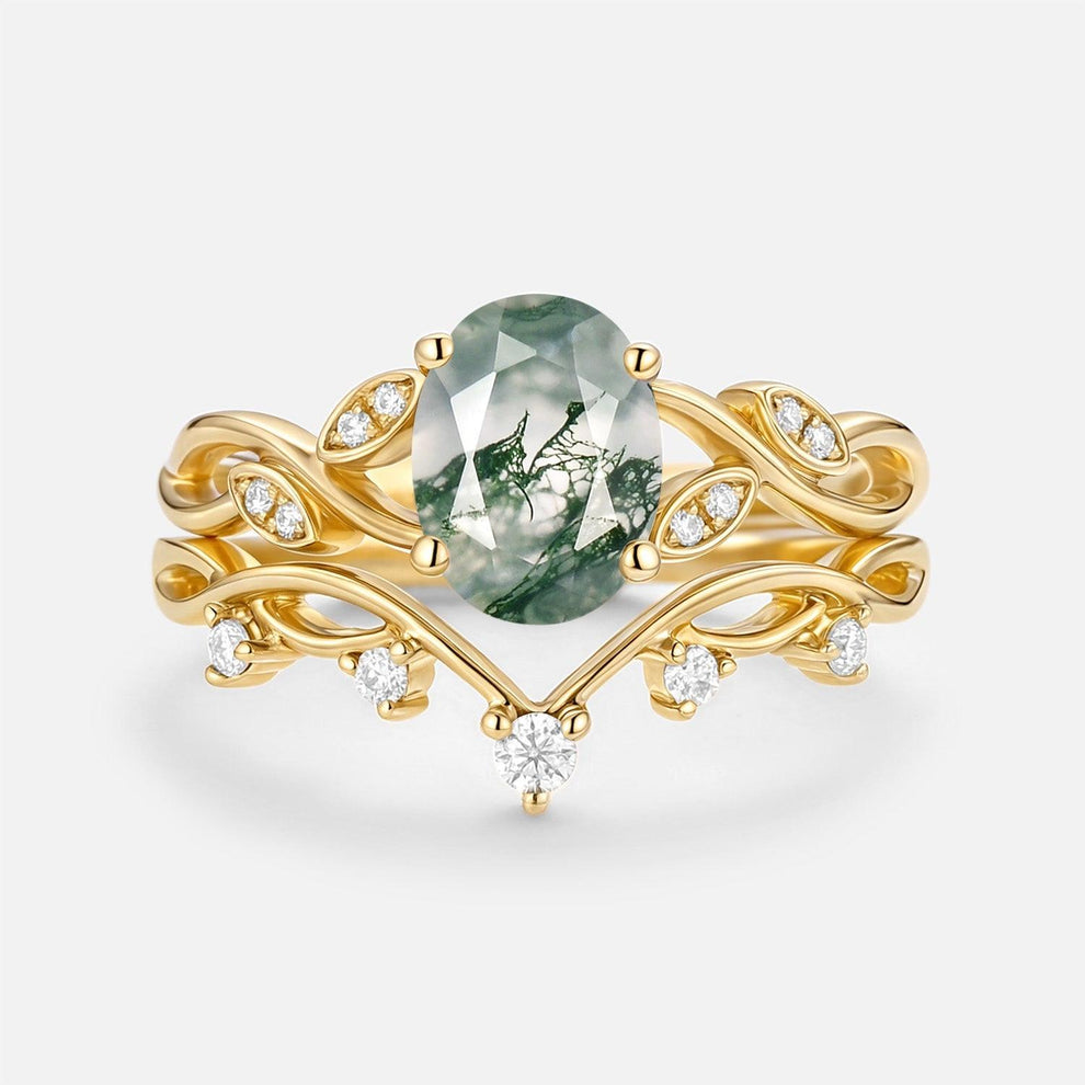 Eiryn Moss Agate Oval Cut Leaf Ring Set 2pcs.