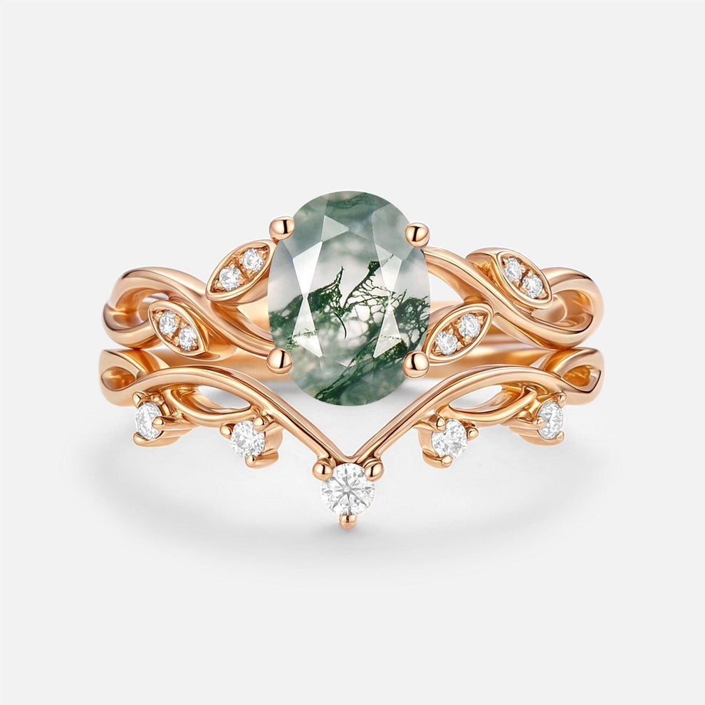 Eiryn Moss Agate Oval Cut Leaf Ring Set 2pcs.