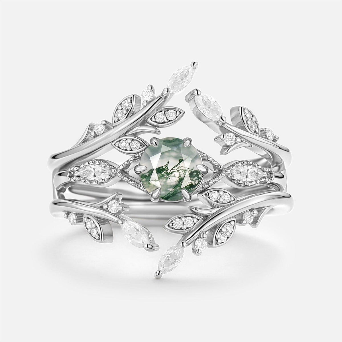 Zinnia’s Thicket | Round Cut Moss Agate Leafy Cage Bridal Set 2pcs.