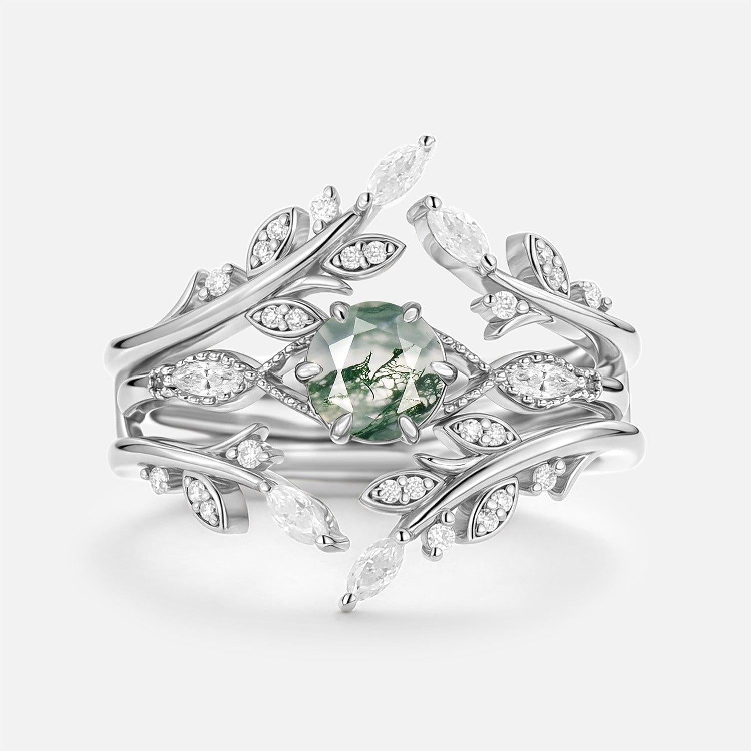 Zinnia’s Thicket | Round Cut Moss Agate Leafy Cage Bridal Set 2pcs.