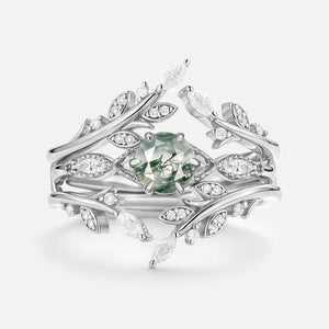 Zinnia’s Thicket | Round Cut Moss Agate Leafy Cage Bridal Set 2pcs.
