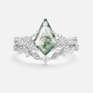 Syrin Kite Moss Agate Leafy Engagement Ring Set 2pcs.