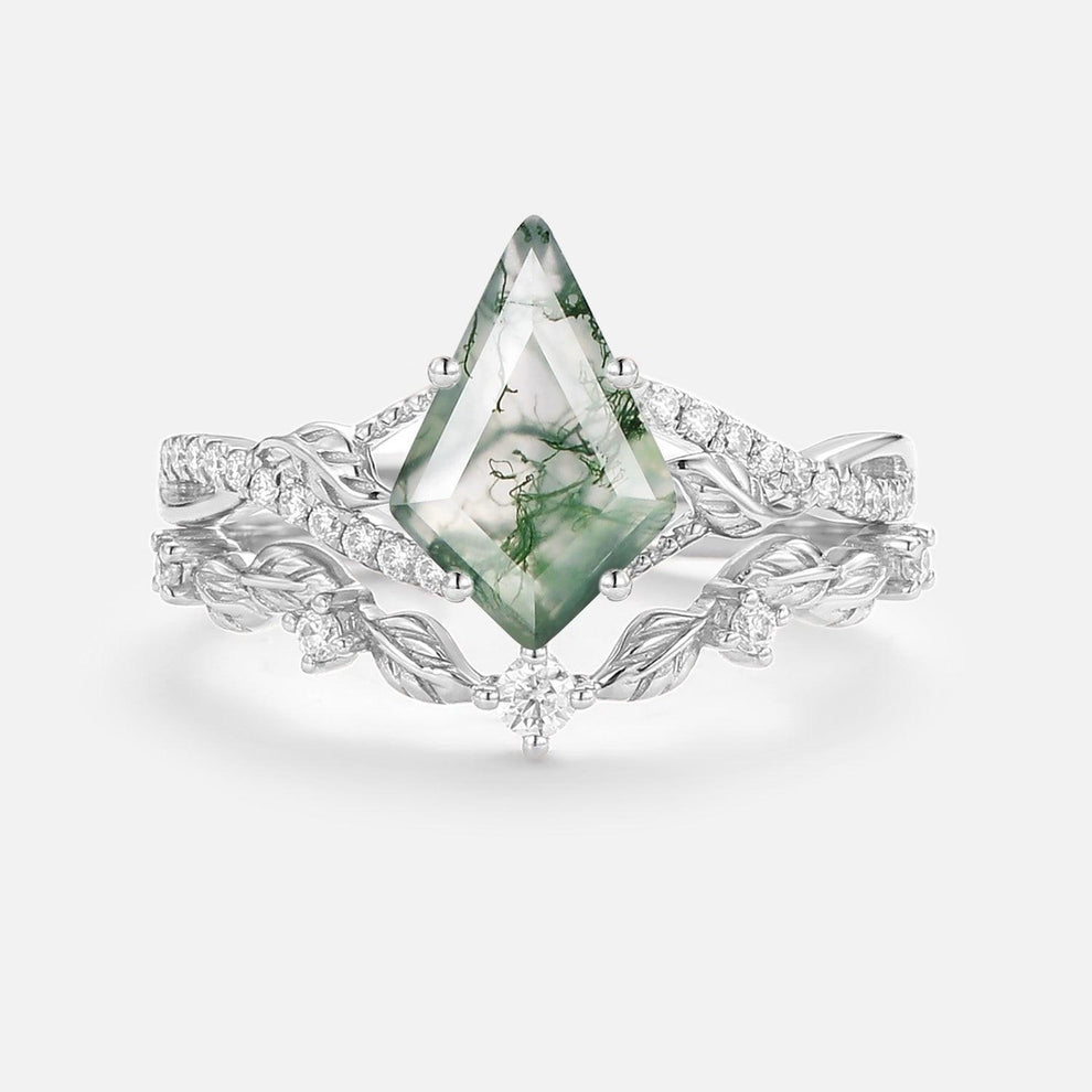 Syrin Kite Moss Agate Leafy Engagement Ring Set 2pcs.