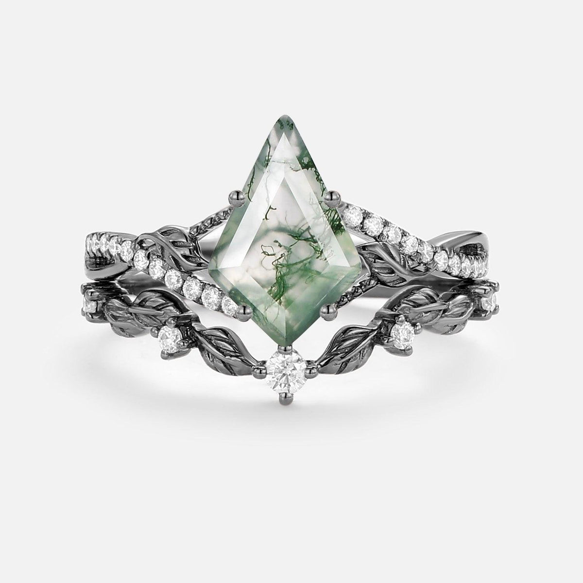 Syrin Kite Moss Agate Leafy Engagement Ring Set 2pcs.