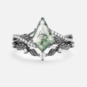 Syrin Kite Moss Agate Leafy Engagement Ring Set 2pcs.