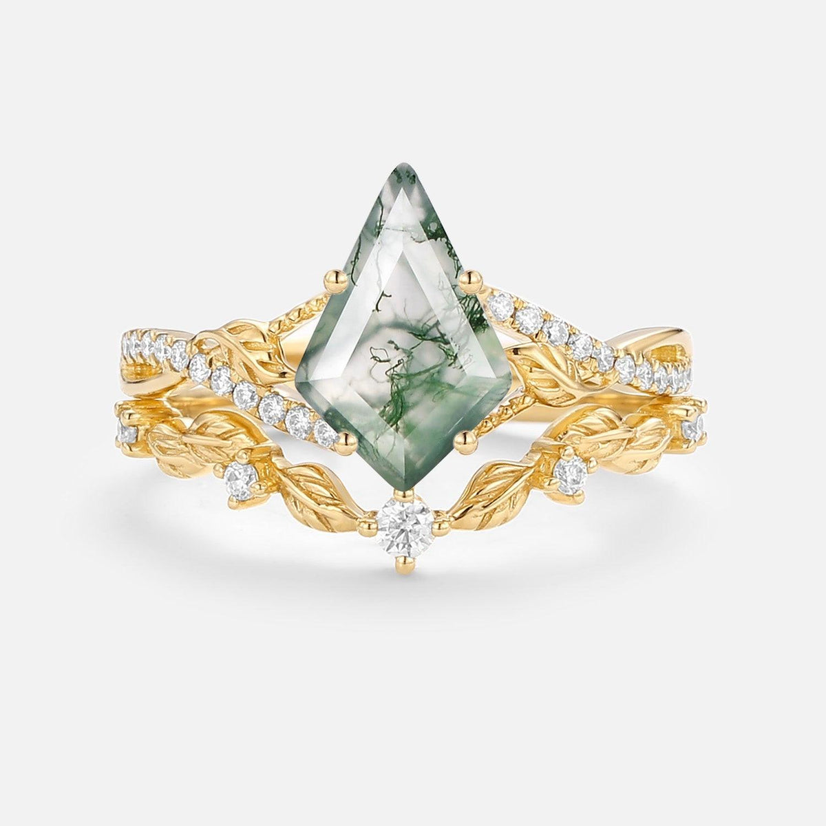 Syrin Kite Moss Agate Leafy Engagement Ring Set 2pcs.