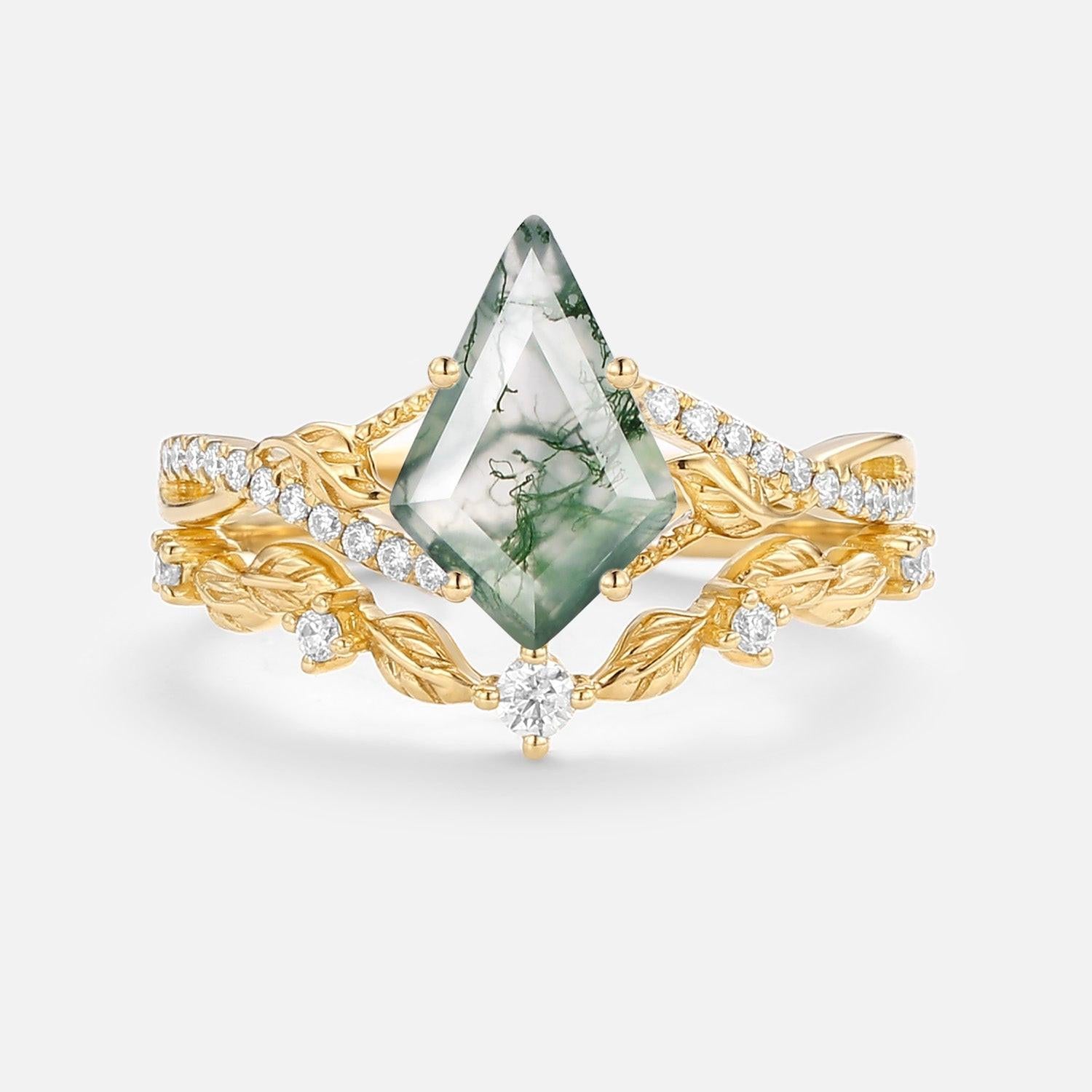 Syrin Kite Moss Agate Leafy Engagement Ring Set 2pcs.
