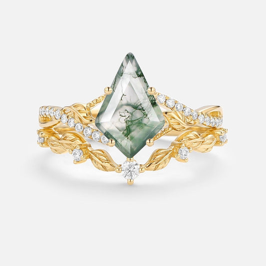 Syrin Kite Moss Agate Leafy Engagement Ring Set 2pcs.