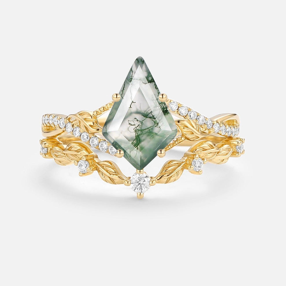 Syrin Kite Moss Agate Leafy Engagement Ring Set 2pcs.