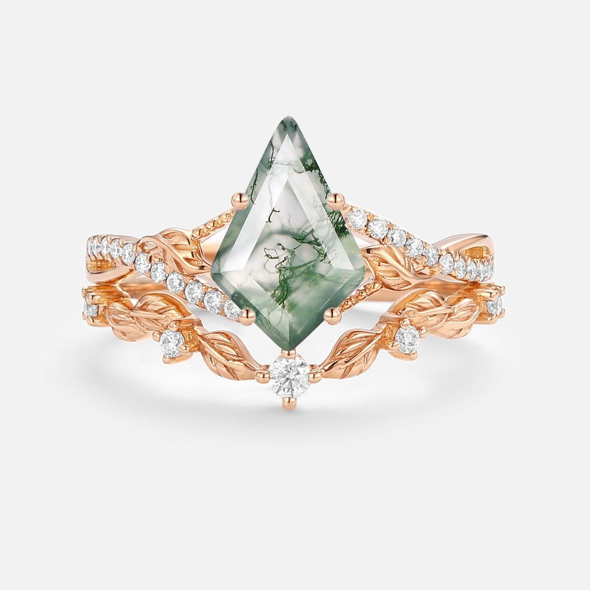 Syrin Kite Moss Agate Leafy Engagement Ring Set 2pcs.