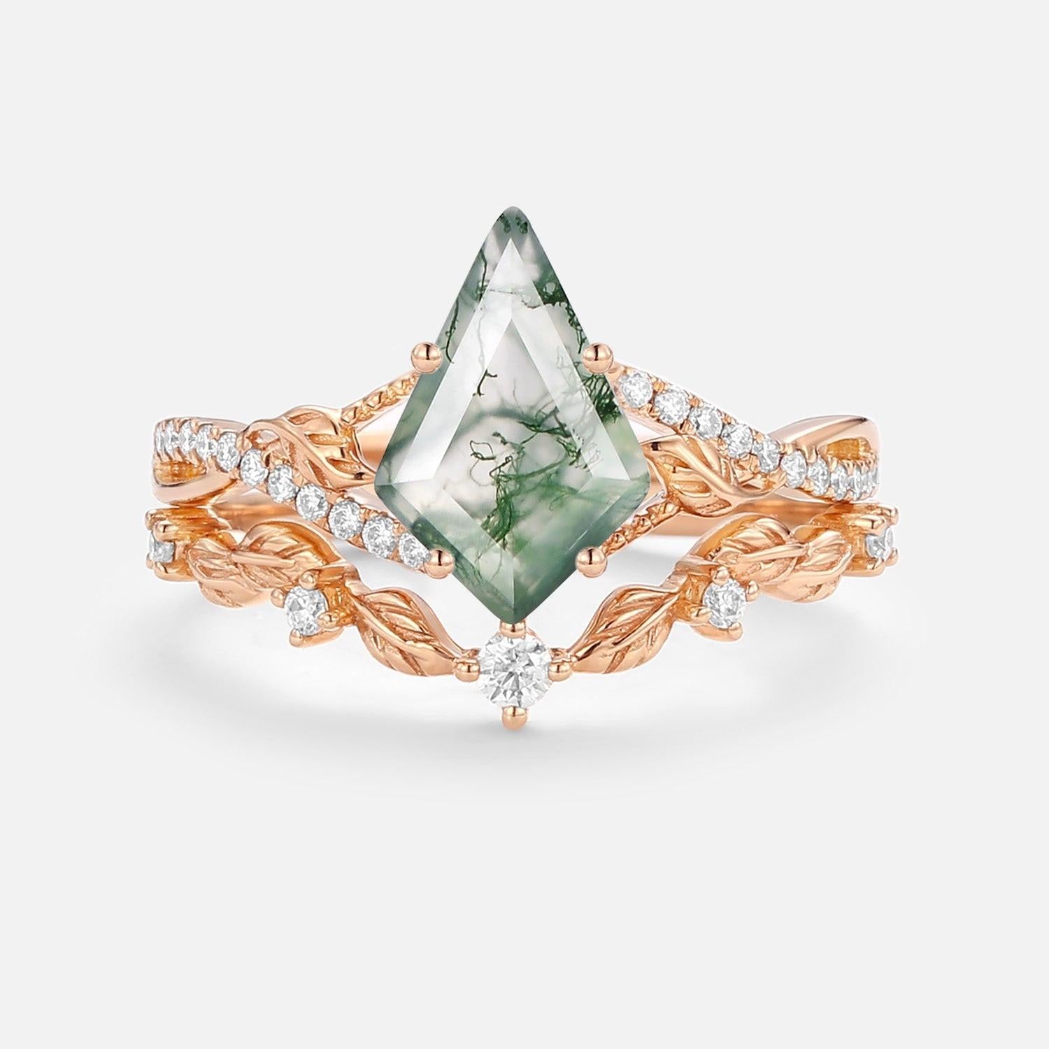 Syrin Kite Moss Agate Leafy Engagement Ring Set 2pcs.