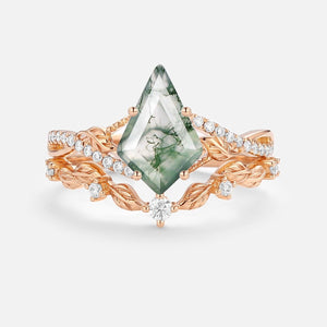 Syrin Kite Moss Agate Leafy Engagement Ring Set 2pcs.