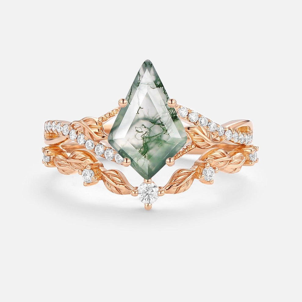 Syrin Kite Moss Agate Leafy Engagement Ring Set 2pcs.