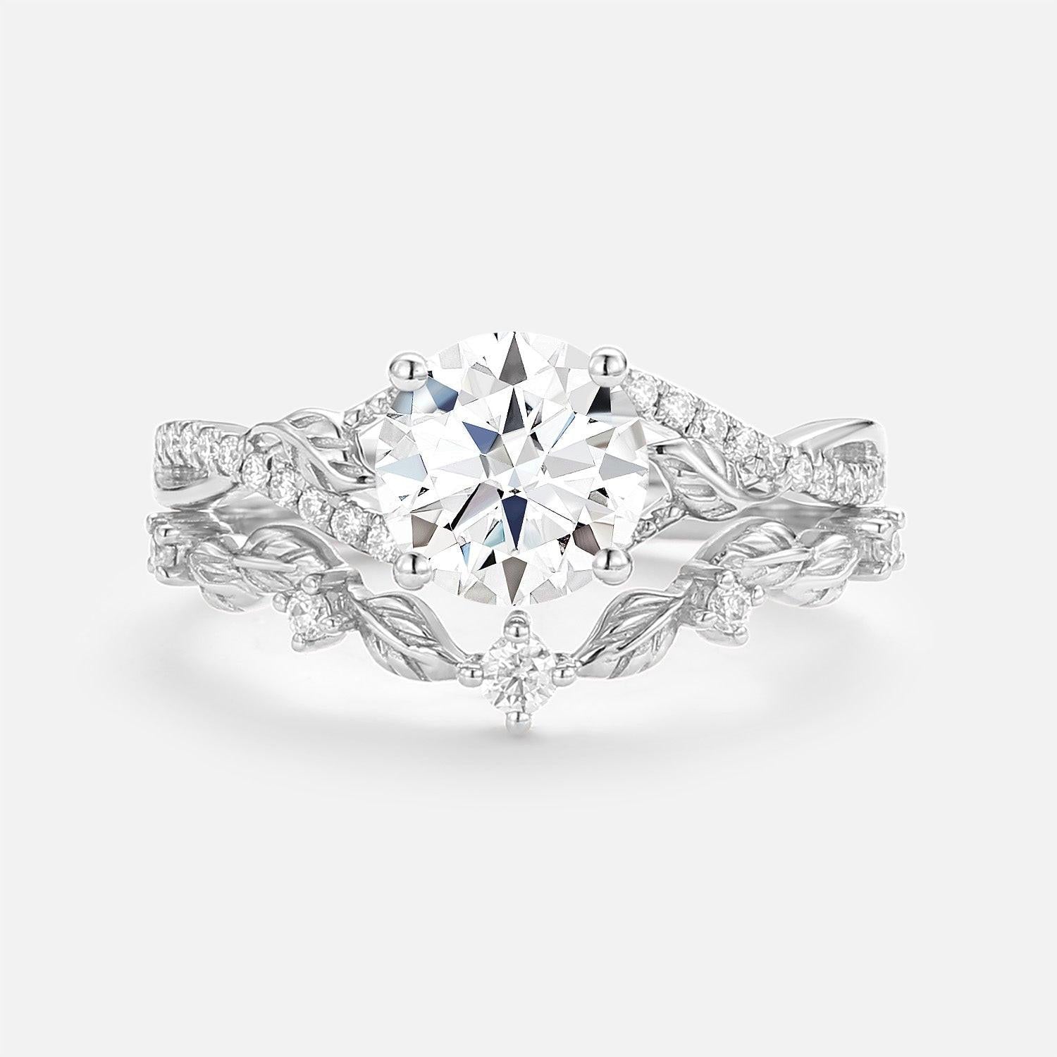 Syrin Nature Inspired-Round Moss Agate Leafy Engagement Ring Set 2pcs.
