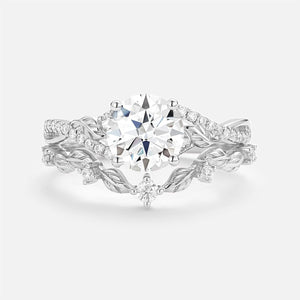 Syrin Nature Inspired-Round Moss Agate Leafy Engagement Ring Set 2pcs.