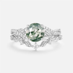 Syrin Nature Inspired-Round Moss Agate Leafy Engagement Ring Set 2pcs.
