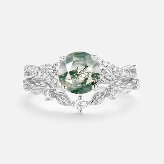 Syrin Nature Inspired-Round Moss Agate Leafy Engagement Ring Set 2pcs.