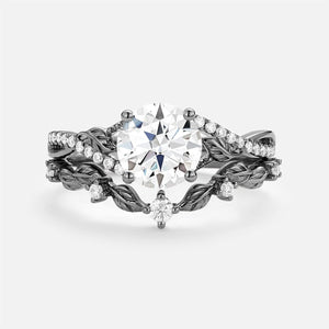 Syrin Nature Inspired-Round Moss Agate Leafy Engagement Ring Set 2pcs.