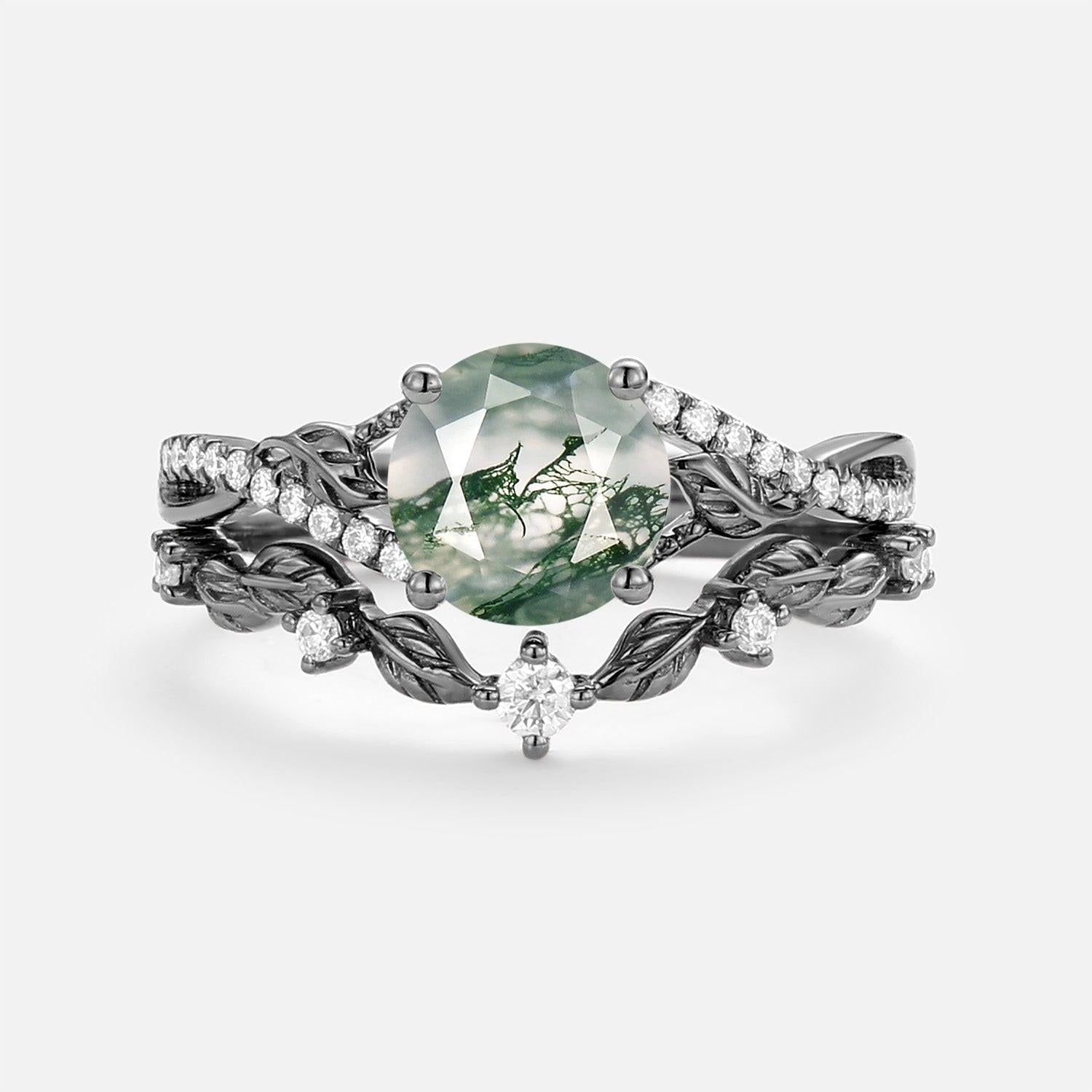 Syrin Nature Inspired-Round Moss Agate Leafy Engagement Ring Set 2pcs.