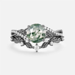 Syrin Nature Inspired-Round Moss Agate Leafy Engagement Ring Set 2pcs.