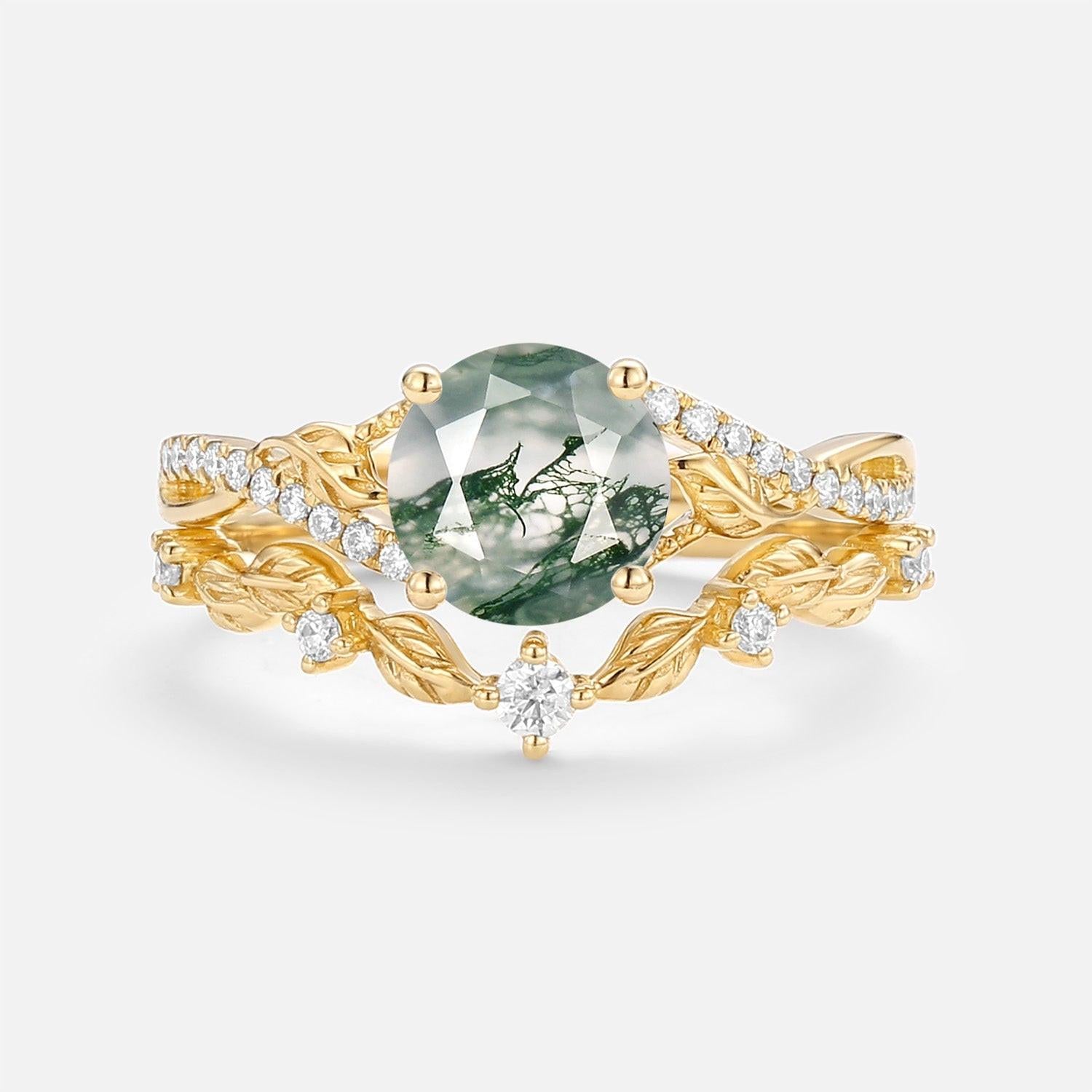 Syrin Nature Inspired-Round Moss Agate Leafy Engagement Ring Set 2pcs.