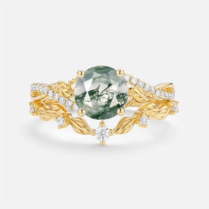 Syrin Nature Inspired-Round Moss Agate Leafy Engagement Ring Set 2pcs.