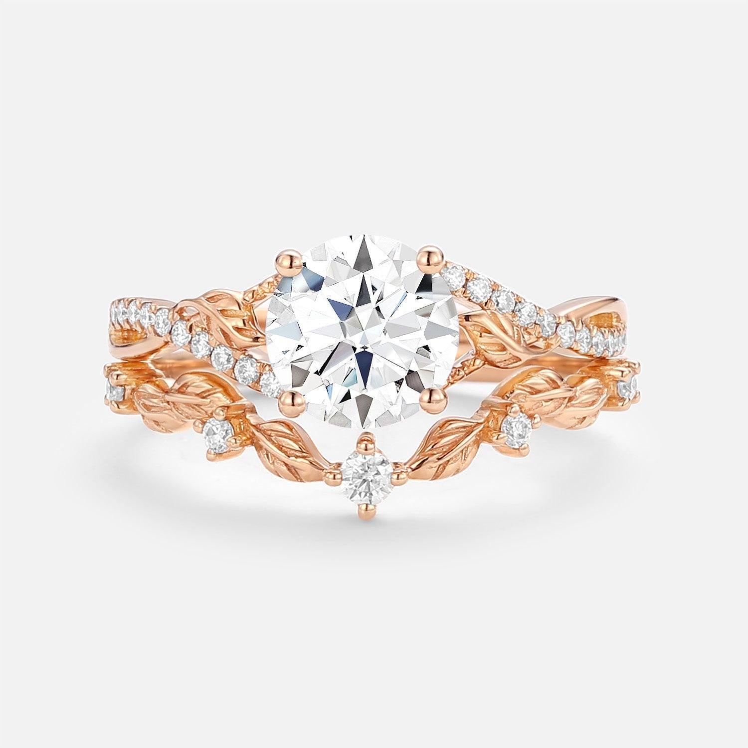 Syrin Nature Inspired-Round Moss Agate Leafy Engagement Ring Set 2pcs.