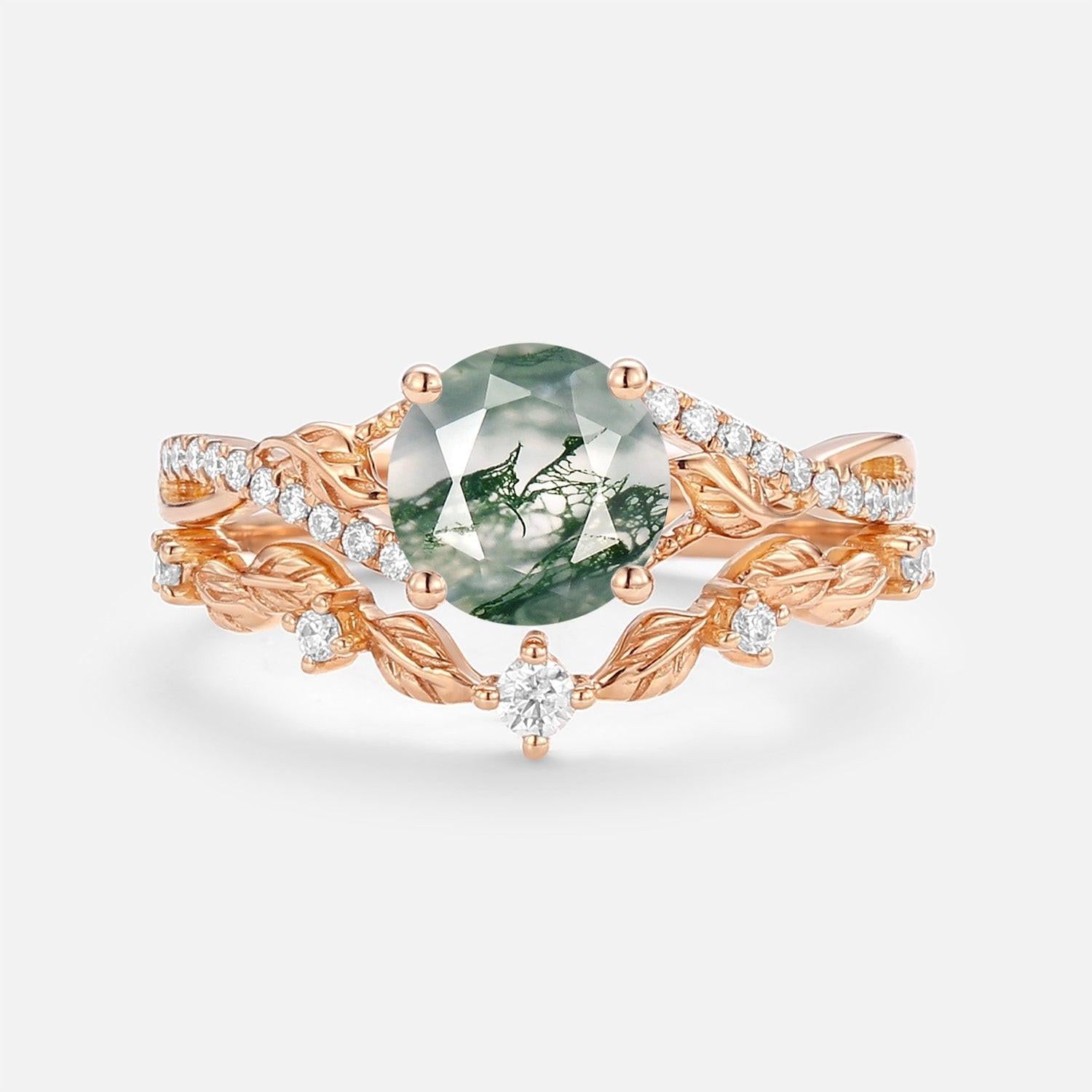 Syrin Nature Inspired-Round Moss Agate Leafy Engagement Ring Set 2pcs.