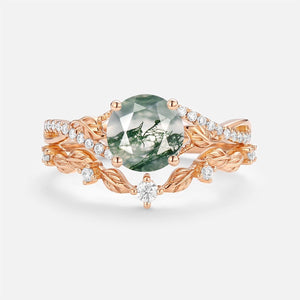 Syrin Nature Inspired-Round Moss Agate Leafy Engagement Ring Set 2pcs.