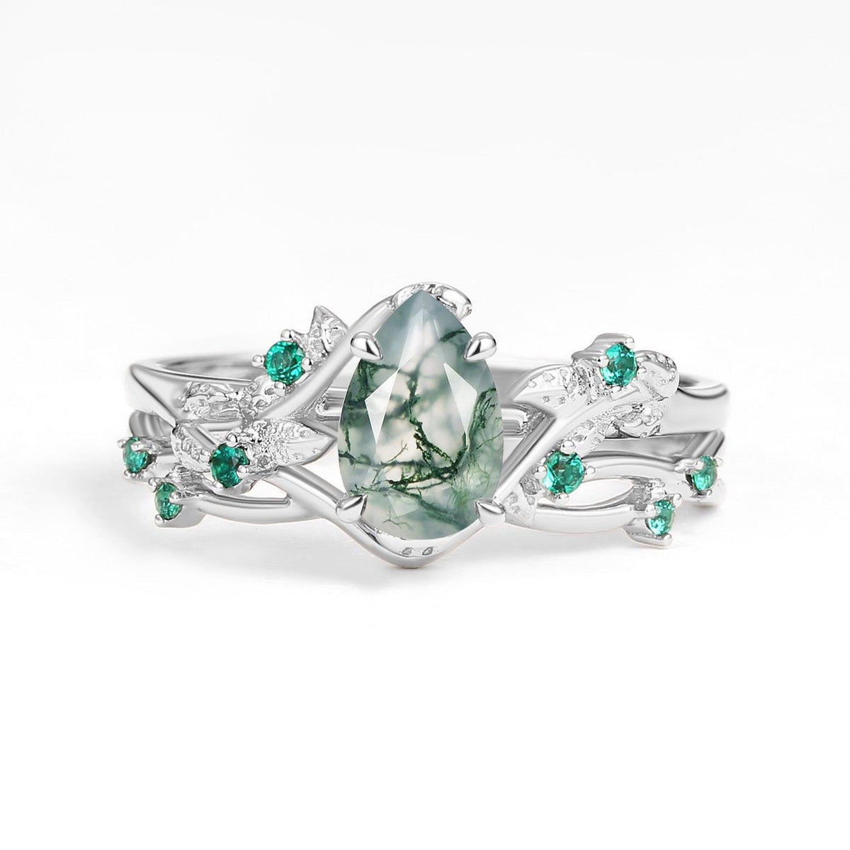 Nature Inspired - Pear Shaped Moss Agate Leafy Ring Set 2pcs.