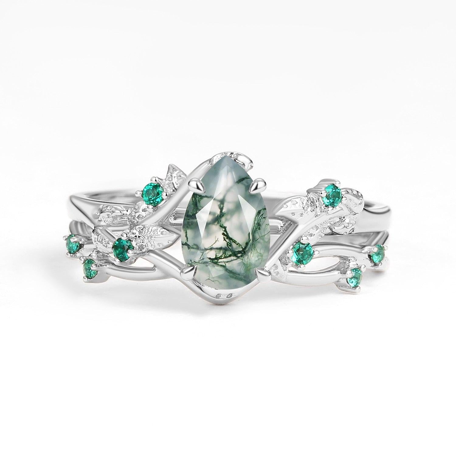 Nature Inspired - Pear Shaped Moss Agate Leafy Ring Set 2pcs.