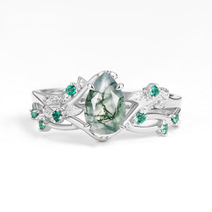 Nature Inspired - Pear Shaped Moss Agate Leafy Ring Set 2pcs.