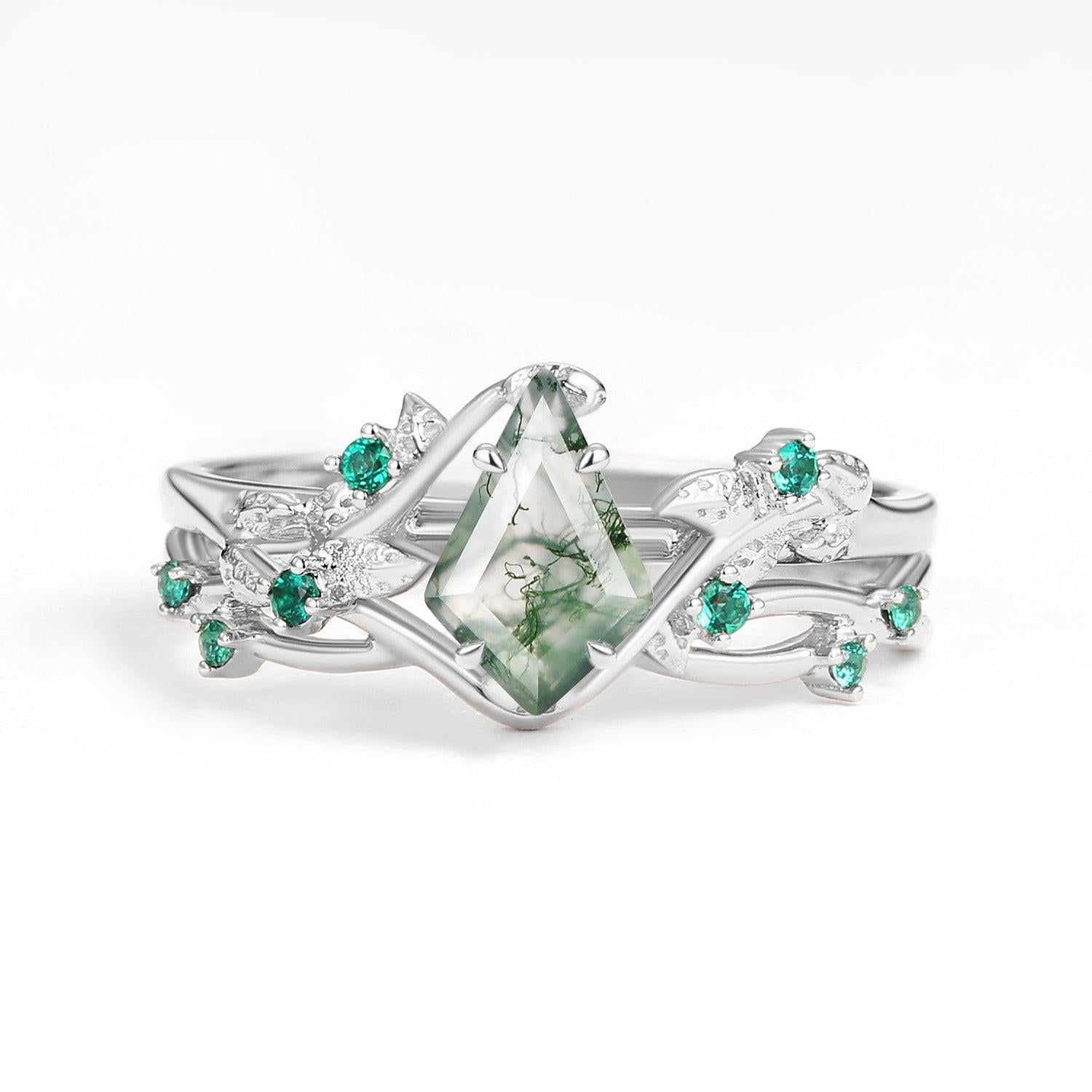Mossy Nature Inspired Kite Shaped Moss Agate Leafy Ring Set 2pcs.